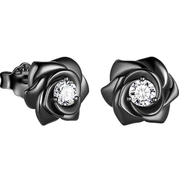 ⁶Sterling Silver Post 18K Gold Plated 3D Realistic Rose Cubic Zirconia Earrings, - Picture 3 of 8